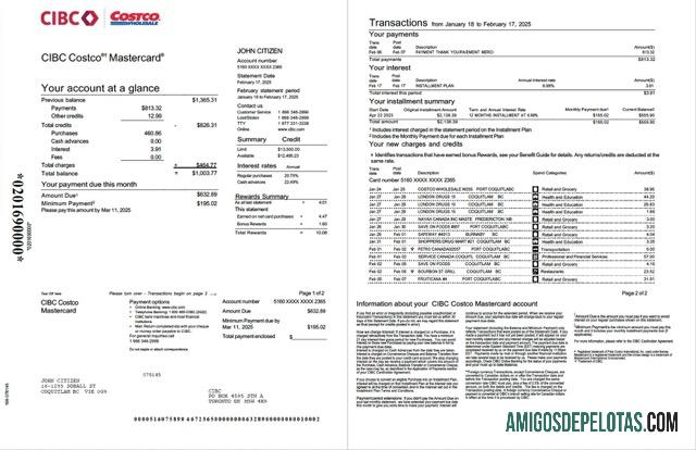 em branco Canadá CIBC Extrato de conta bancária modelo Word e PDF, 2 páginas